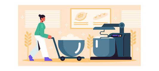 Female worker in uniform carry cart with flour to big mixer. Process of kneading flour for baking bread in factory. Vector illustration in cartoon style in blue and yellow colors