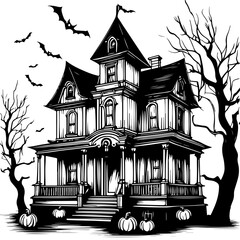 Halloween sketch creepy old house with fearful tree and bats. illustration for your design.