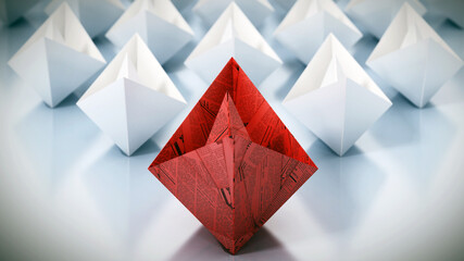 Red paper ship leading white regular paper ships. 3D illustration