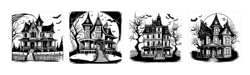 sketch Set of silhouettes of scary Halloween houses on a white background. template and decoration. vector illustration for your design.