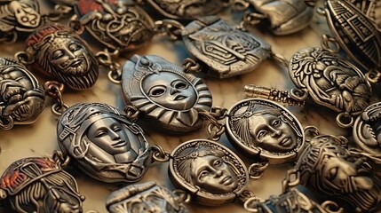 A set of antique metal jewelry. Fantasy concept , Illustration painting.