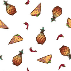 Mexican ornament with sketch style hand drawn pineapples, jalapeno and tacos. Mexican color palette. Seamless pattern. EPS10 vector illustration
