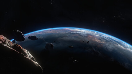 Alien Planet with Asteroids 4K Space Scene