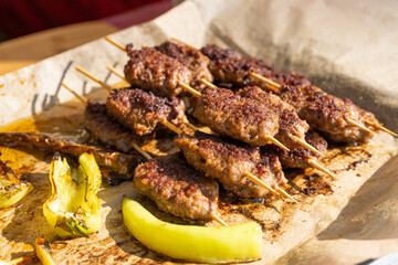 Small Skewers, Street Barbecue, Chicken Shish Kebab, Barbecue Shashlik, Skewered Grilled Chicken Meat