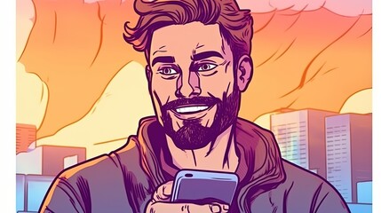 Handsome man holding a smartphone and smiling. Fantasy concept , Illustration painting.