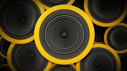 Black and yellow speakers background. 3D illustration
