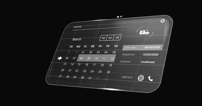 Animation of digital interface with calendar and data processing on black background