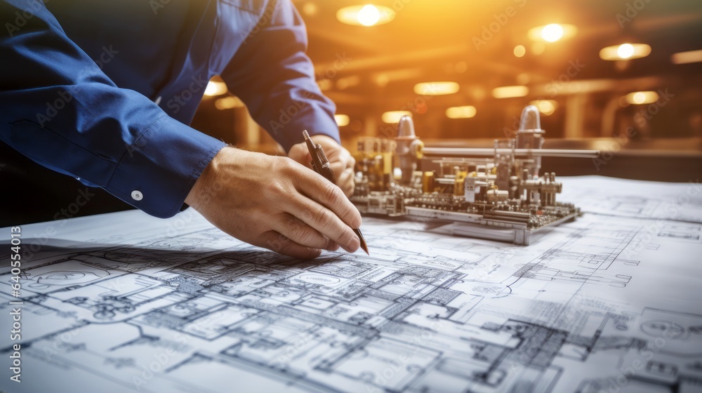 Poster construction and structure concept of engineer working drawing on blueprint. amendments to the drawi
