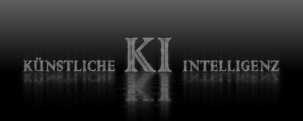 KI banner - reflection effects on structured surface - blurred lettering Artificial AI Intelligence (in german Kuenstliche KI Intelligenz) illuminated over the background - 3D Illustration