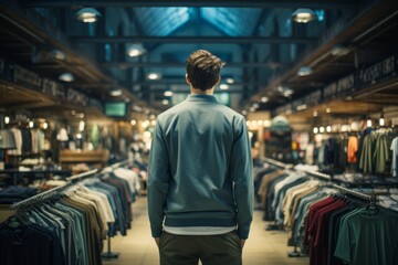 A man in a clothing store. The problem of choosing clothes for men