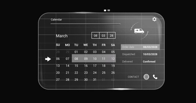 Animation of digital interface with calendar and data processing on black background
