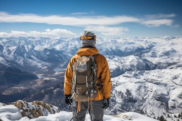 Hiker on top of a snow crust. Tourism and hiking concept