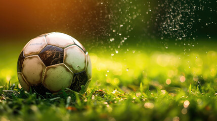 Fototapeta premium Close-up of a soccer ball on the vibrant green field