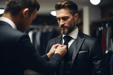 Naklejka premium Man buys a suit at a high-end clothing store. Suit for businessmen