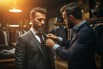 Fototapeta premium Man buys a suit at a high-end clothing store. Suit for businessmen