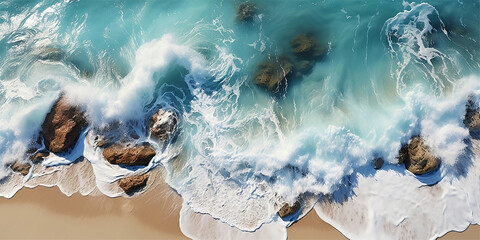 Aerial view top-down beach sea and blue ocean water - 640554262