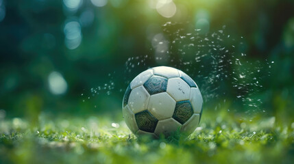 Fototapeta premium Close-up of a soccer ball on the vibrant green field