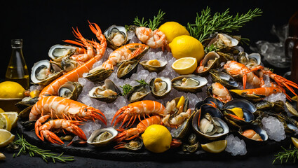 Assortment of various raw seafood on a dark background