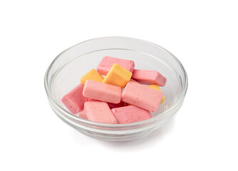 Fruit Chews Isolated, Pink Chewable Candies, Fruit Chew Candy Pile, Square Taffy, Colorful Gummy...