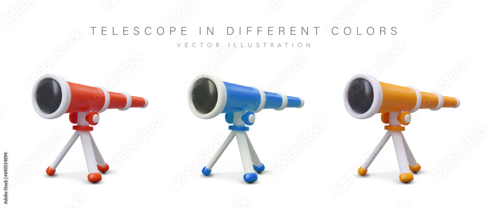 Poster a set of color telescopes on a tripod. realistic image of optical equipment. a device for observatio