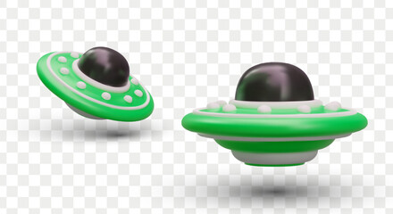 3D flying saucer with black opaque dome. Vector object in different positions. Isolated image with shadows. Alien flying machine, UFO. Green space vehicle