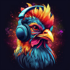 cooles Huhn in Neon Farben mit Kopfhörer beim Musik hören auf dunklem Hintergrund. Quadratisch. Generative Ai. - obrazy, fototapety, plakaty