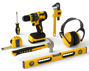 Flying view of yellow construction tools for repair on white background