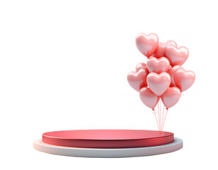 3D podium Valentine red heart shaped balloons, Empty stage display presentation product, isolated on white and transparent background, ai generate