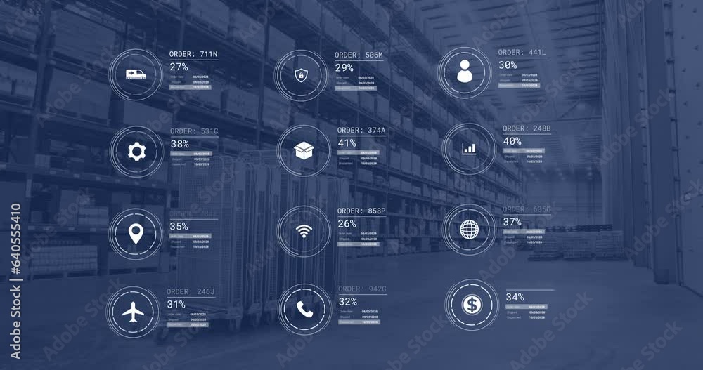 Poster animation of icons with data processing over warehouse