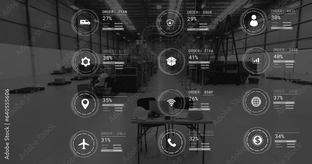 Poster animation of icons with data processing over warehouse