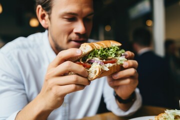 Man Eats Pulled Pork Sandwich In In A Cafe In Paris