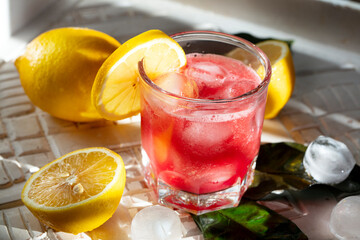 Watermelon-Lemon Refreshing Cocktail with Icy Cubes