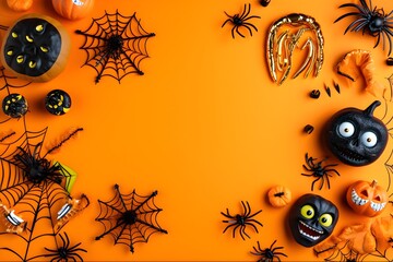 Halloween Decorations On An Orange Background With Top View
