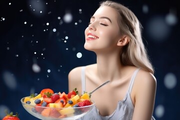 Happiness Woman Eats Fruit Salad