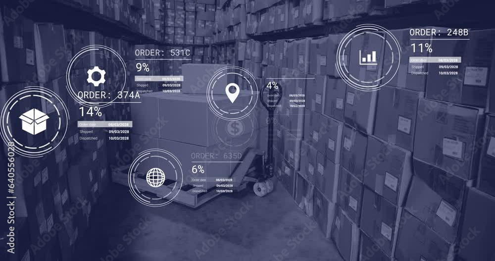 Poster animation of icons with data processing over warehouse