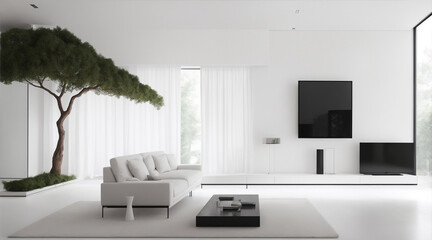 Fototapeta na wymiar The minimalist interior design of the modern living room with wonderful tree by Generative AI