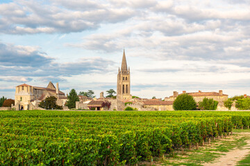 Fototapeta na wymiar Vineyards of Saint Emilion, Bordeaux, Gironde, France. Medieval church in old town and rows of vine on a grape field. Wine industry