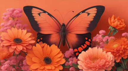 Fototapeta na wymiar There is a butterfly and flowers with orange and pink by Generative AI