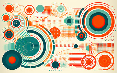 Colorful geometric shapes in Risograph texture or wall art style. Retro colors and shapes for backgrounds.