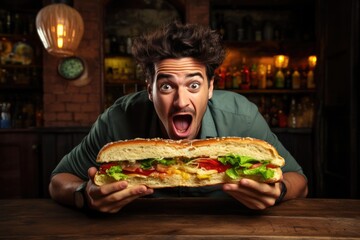 Surprise Man Holds Very Big Sub Sandwich On In A Rustic Pub