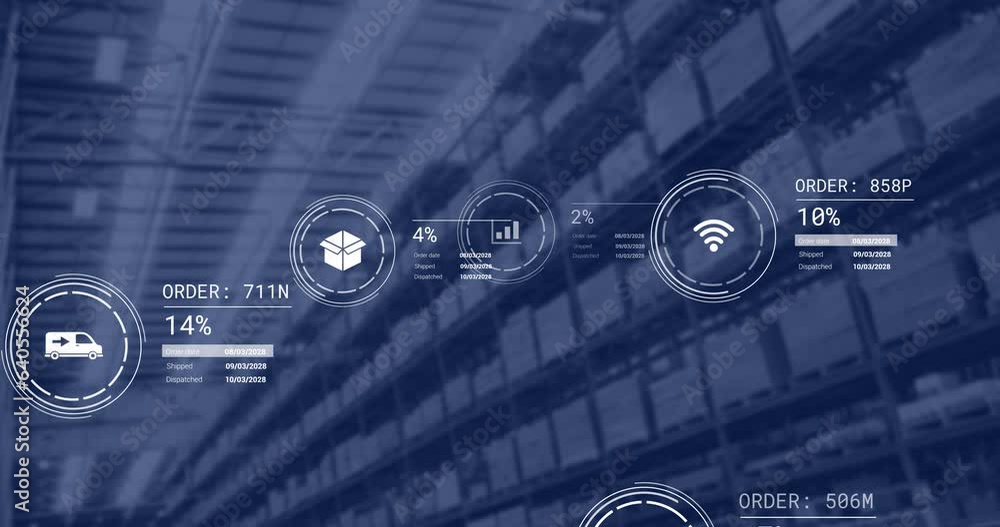 Poster animation of icons with data processing over warehouse