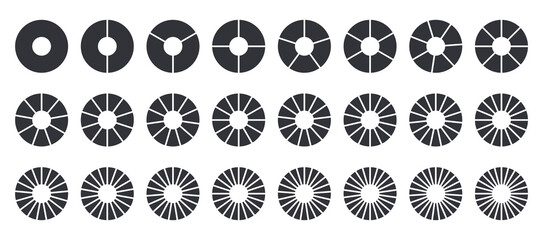 Circles divided into parts from 1 to 24. Black round chart for infographic, pie portion or pizza slice. Wheel division into fractions, circular shape sectors on white background - obrazy, fototapety, plakaty