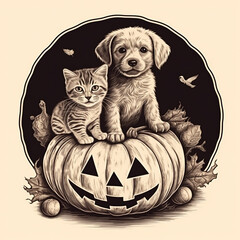 Illustration of a kitten and a puppy sitting with a carved pumpkin or lantern, cute drawing 