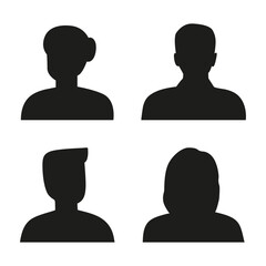 Vector flat illustration. Silhouettes of men and women in black. Avatar, user profile, person icon, profile picture. Suitable for social media profiles, icons, screensavers and as a template.