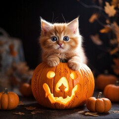 A cute kitten sitting in a carved pumpkin ready for halloween, jack o latern.