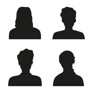 Vector flat illustration. Silhouettes of men and women in black. Avatar, user profile, person icon, profile picture. Suitable for social media profiles, icons, screensavers and as a template.