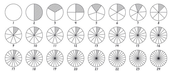Circles divided into parts from 1 to 24. Outline round chart for infographic, pie portion or pizza slice. Wheel division into fractions, circular shape sectors on white background