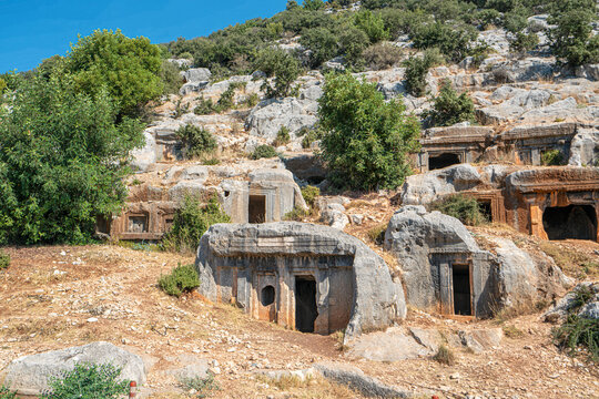 Scenic viev of rock tombs in the Limyra, Lycian region. There are more than 400 rock tombs and most of them are known by name through their inscriptions in Lycia