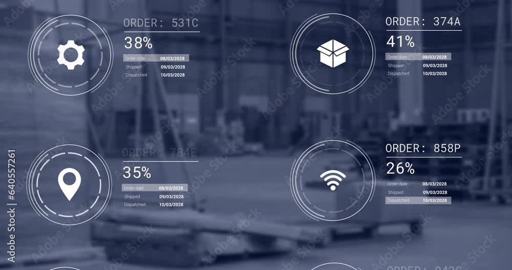 Poster animation of icons with data processing over warehouse