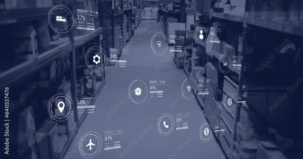 Poster animation of icons with data processing over warehouse